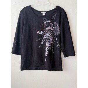 Christopher & Banks Black Textured Abstract Floral 3/4 Sleeve Top Large